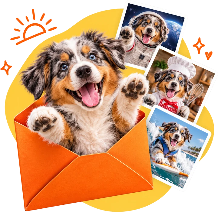 An excited puppy bursting out of an orange envelope with photos of itself as an astronaut, a chef and a surfer