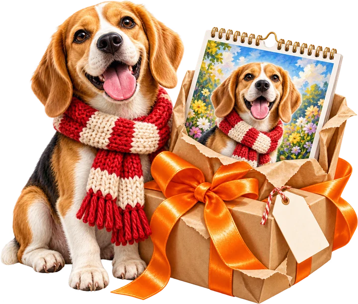 A beagle in a knitted scarf next to an unwrapped present holding a calendar with its portrait