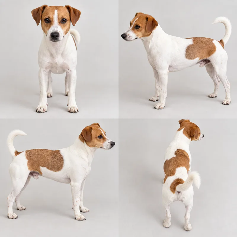 Louie's reference sheet: front, left side, right side and from behind