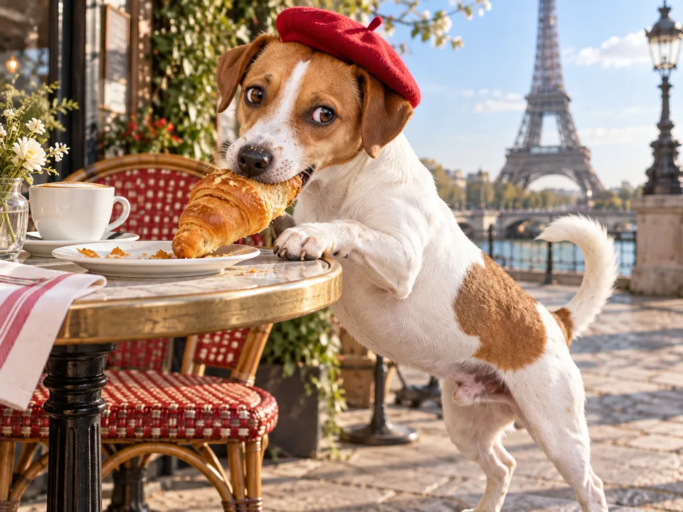 Louie painted sneaking a croissant at a Paris cafe