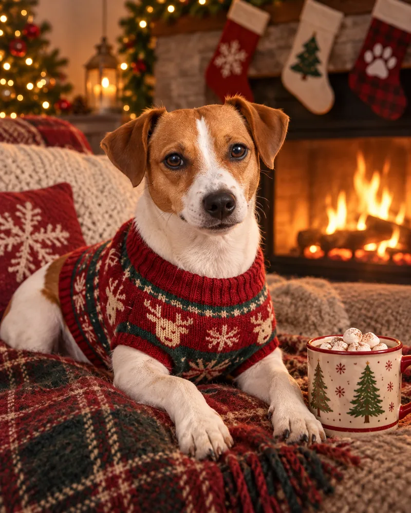 Louie in a red and green reindeer jumper on the sofa by the fireplace