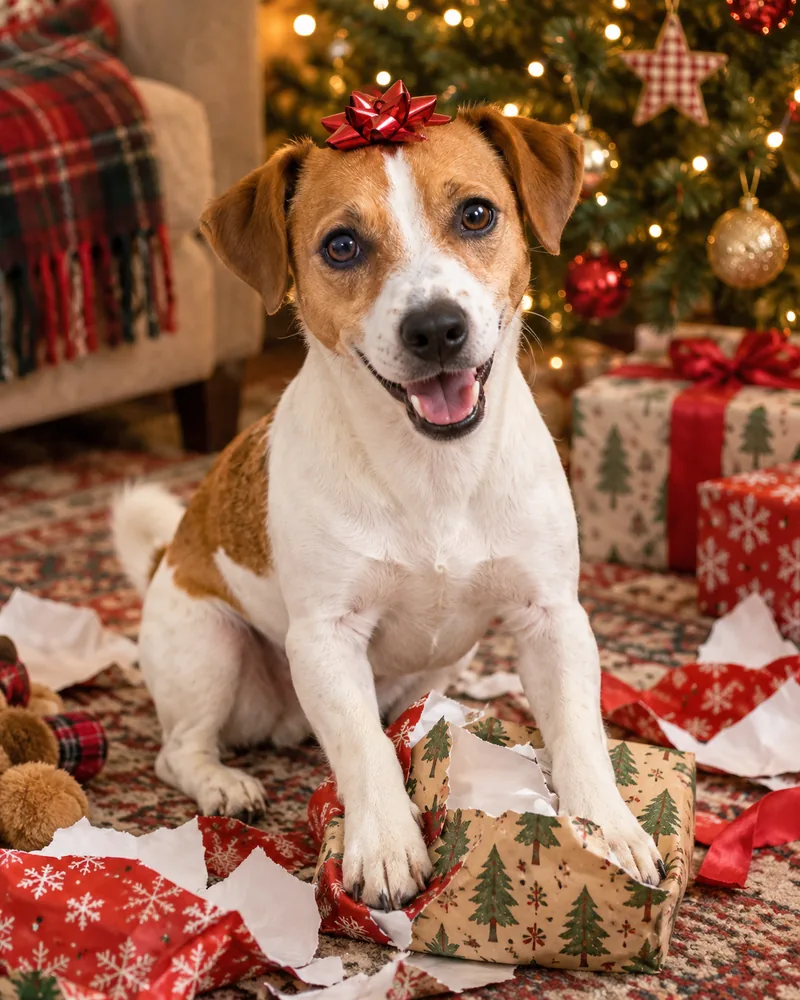 Louie on Christmas morning with a red bow, among wrapping paper by the tree