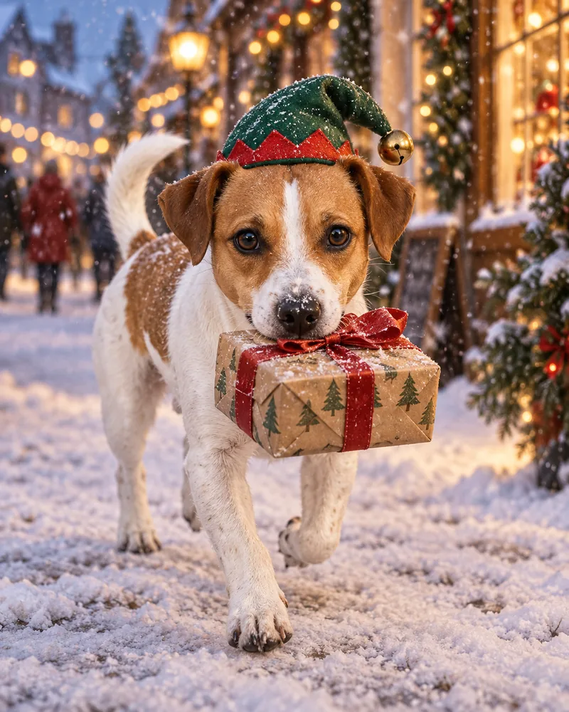Louie as Santa's helper in a green elf hat, carrying a parcel through the snow