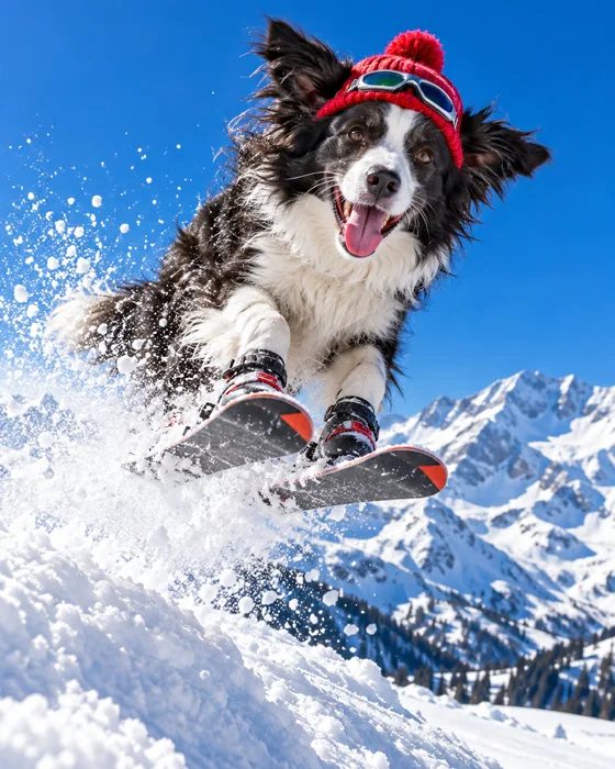 Border collie jumping on skis in the Alps