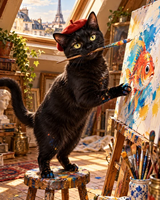 Black cat in a beret painting a fish in an attic studio