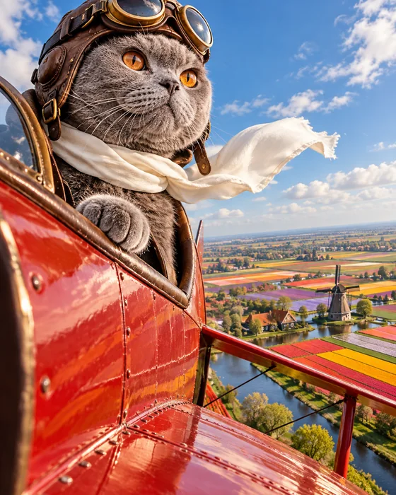 British shorthair cat flying a red biplane over tulip fields