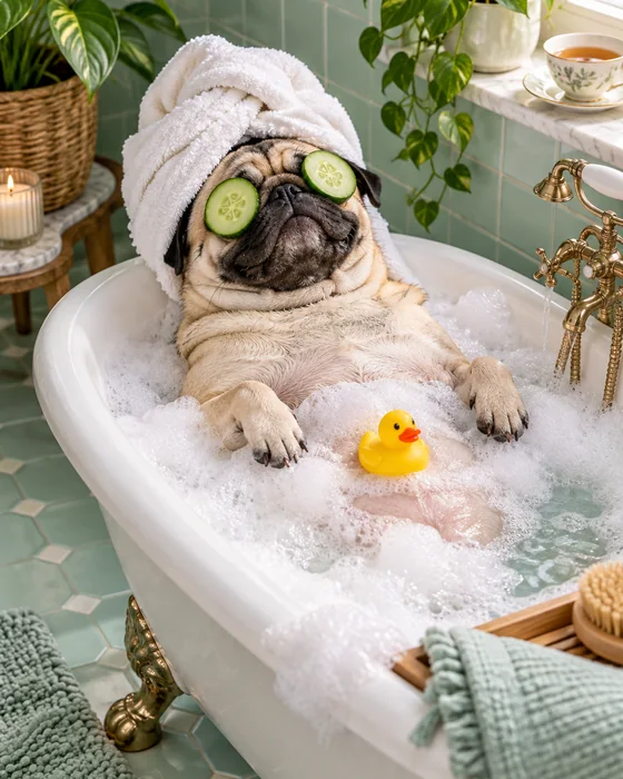 Pug with cucumber slices on its eyes in a bubble bath