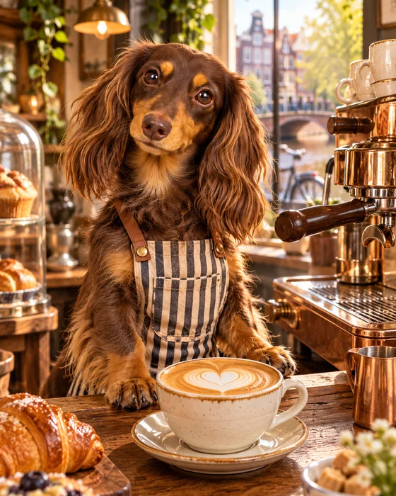 Noodle the dachshund: Morning barista