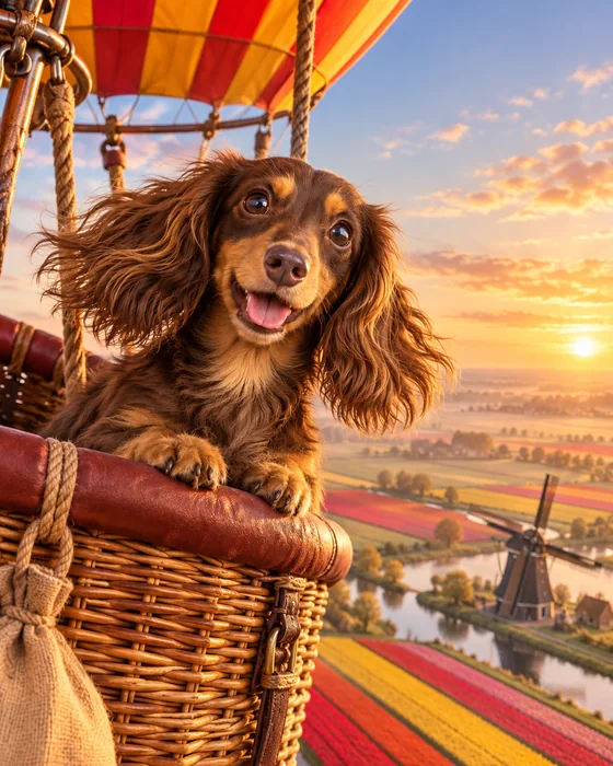 Noodle the dachshund: Over the tulips