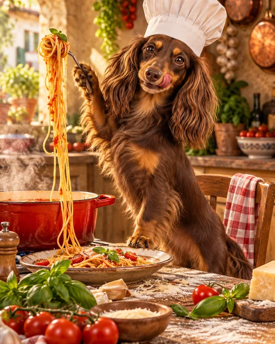 Noodle the dachshund: Pasta night