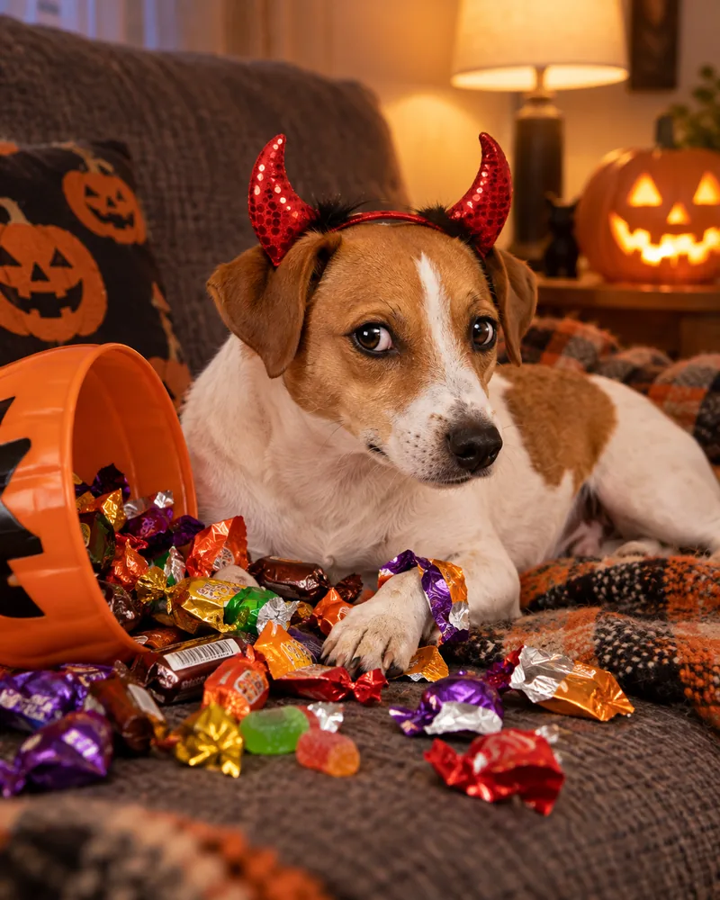 Louie in a devil-horns headband on the sofa among sweet wrappers from a tipped-over treat bucket, looking guilty