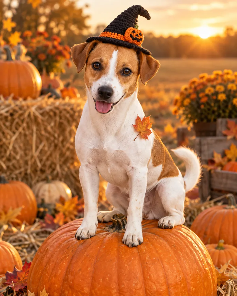 Louie in a knitted witch hat sitting on a big pumpkin in a pumpkin patch