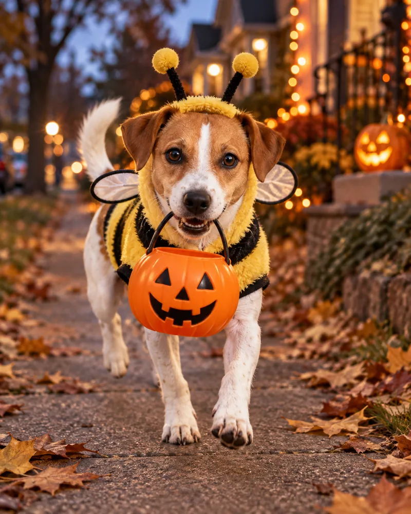 Louie in a bumblebee costume carrying a pumpkin treat bucket on a street at dusk