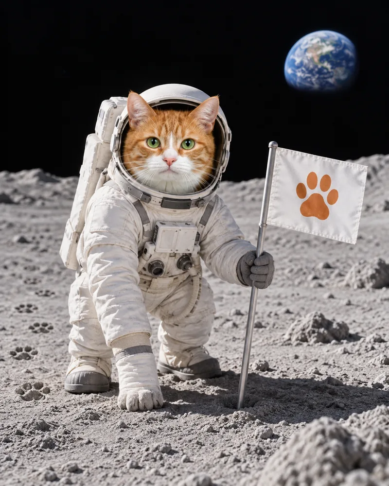 Miso the ginger tabby cat in a spacesuit with the visor up, planting a flag on the moon