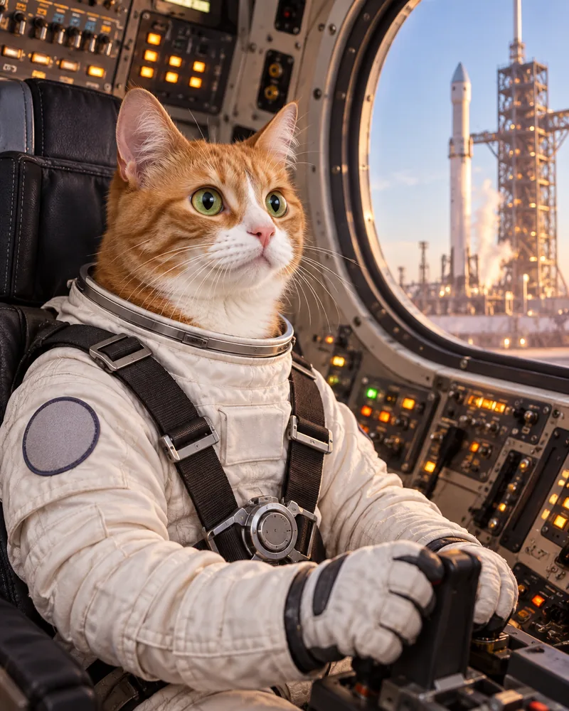 Miso the ginger tabby cat in a spacesuit in a rocket cockpit during the countdown