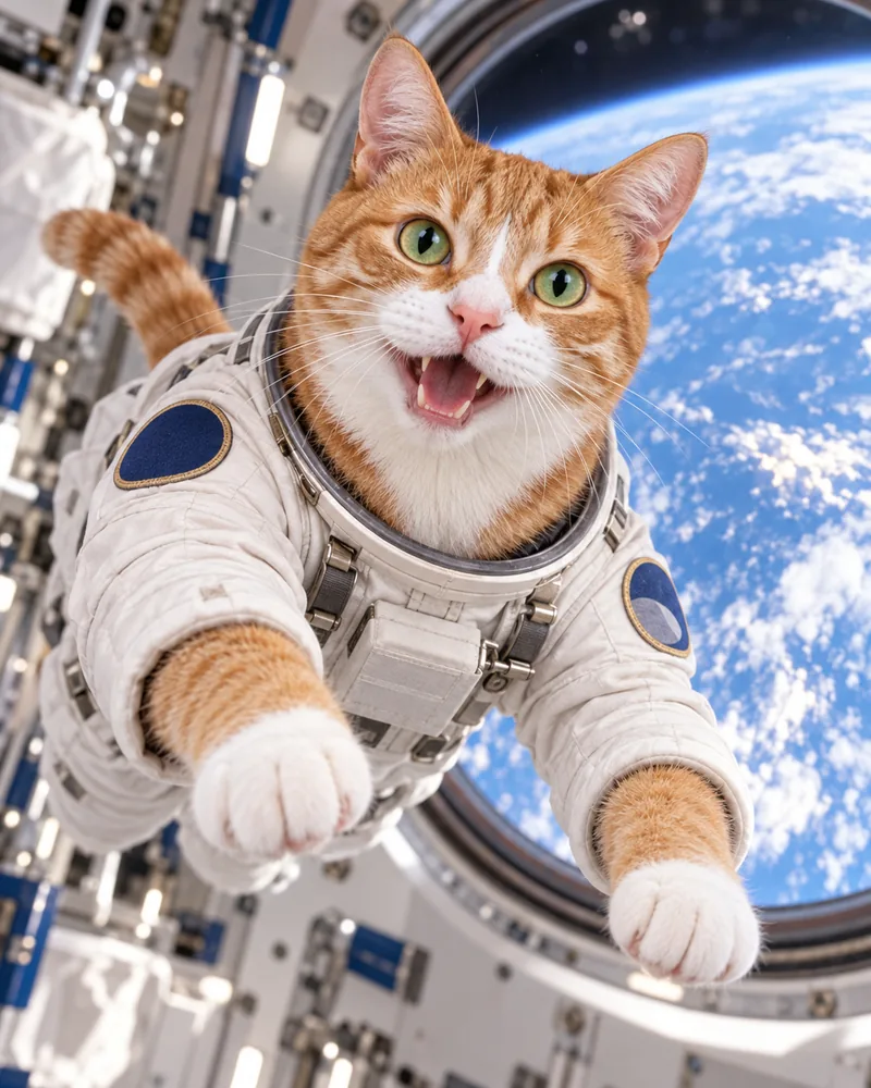 Miso the ginger tabby cat in a spacesuit floating in a space station with the Earth in the window