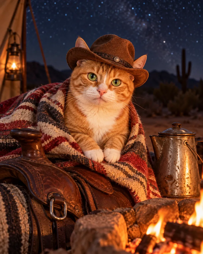 Miso the ginger tabby cat in a cowboy hat wrapped in a blanket by a desert campfire