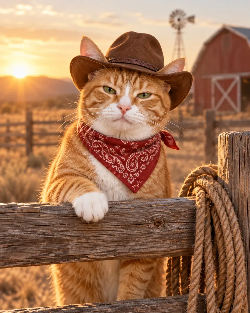 Miso the ginger tabby cat in a cowboy hat and red bandana at a ranch fence at golden hour