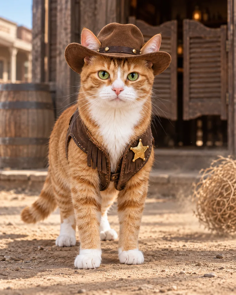 Miso the ginger tabby cat as a sheriff with a gold star badge outside a western saloon