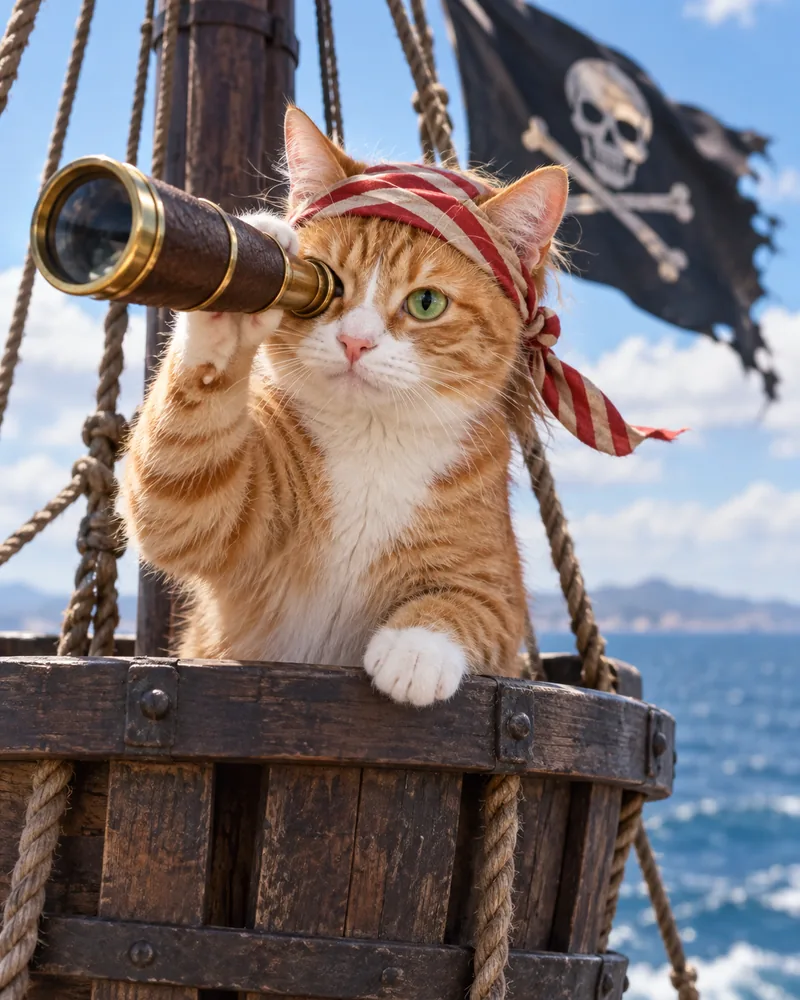 Miso the ginger tabby cat looking through a brass telescope in a pirate ship's crow's nest