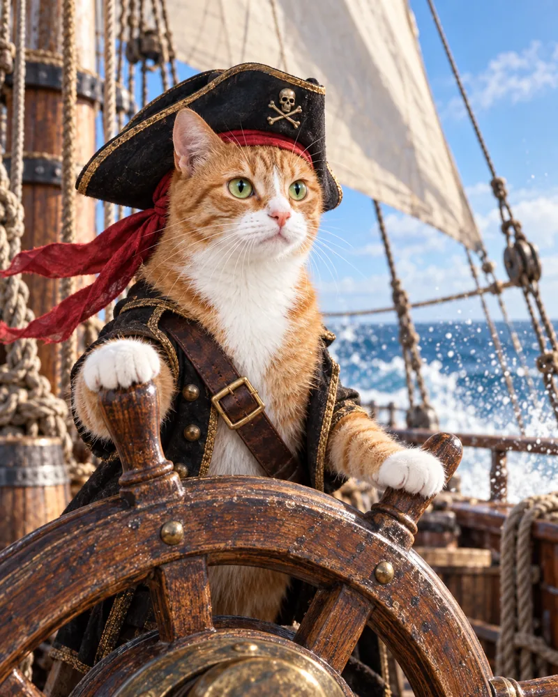 Miso the ginger tabby cat as a pirate captain in a tricorn hat at a ship's wheel