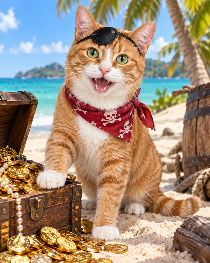 Miso the ginger tabby cat with an eye patch pushed up, paw on a chest of gold coins on a beach
