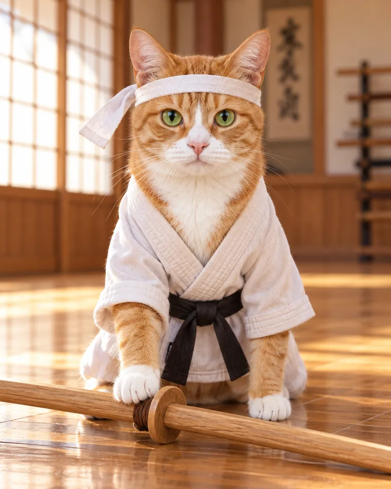 Miso the ginger tabby cat in a white training uniform and headband with a wooden practice sword in a dojo