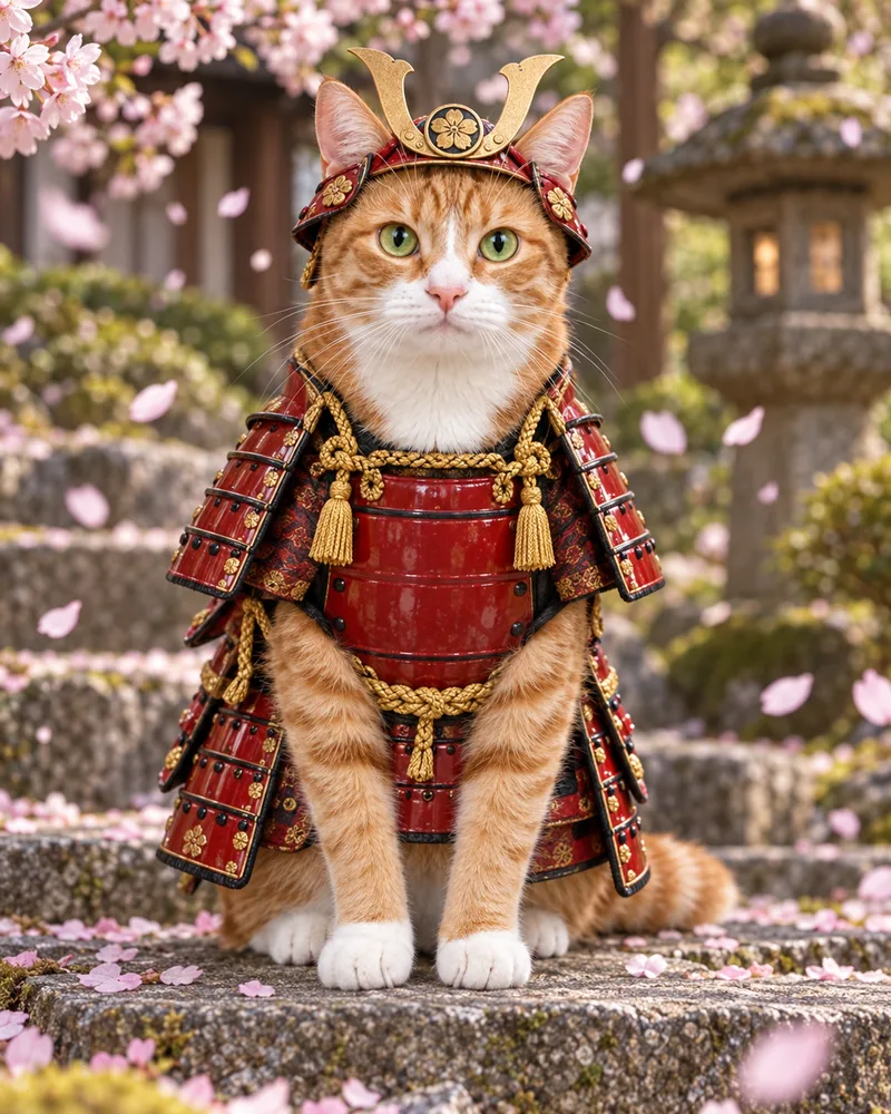 Miso the ginger tabby cat in red samurai armour sitting in a Japanese garden with cherry blossoms