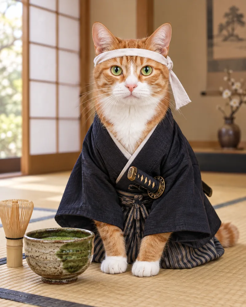Miso the ginger tabby cat in a dark kimono beside a bowl of matcha in a tatami room