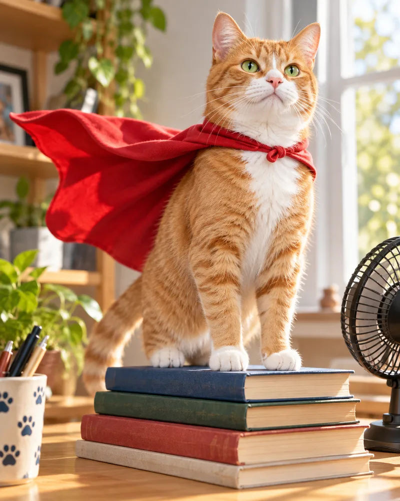 Miso the ginger tabby cat in a red cape standing proudly on a stack of books
