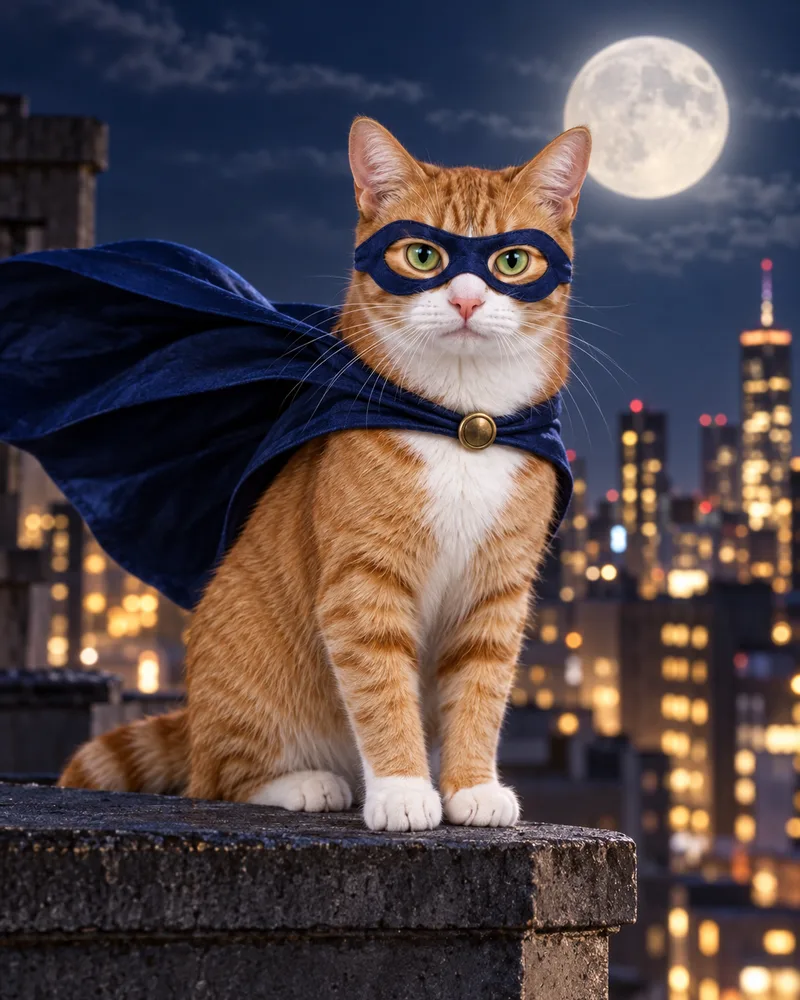 Miso the ginger tabby cat as a superhero in a dark blue cape on a city rooftop at night
