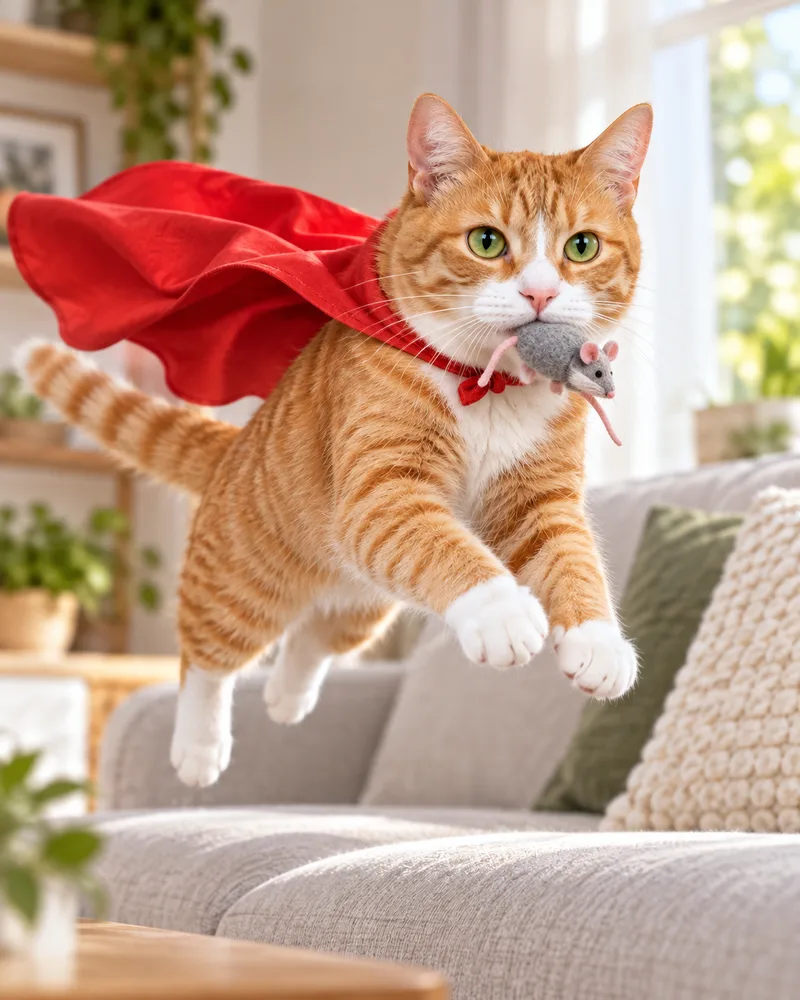 Miso the ginger tabby cat in a red cape leaping over a sofa with a toy mouse in its mouth