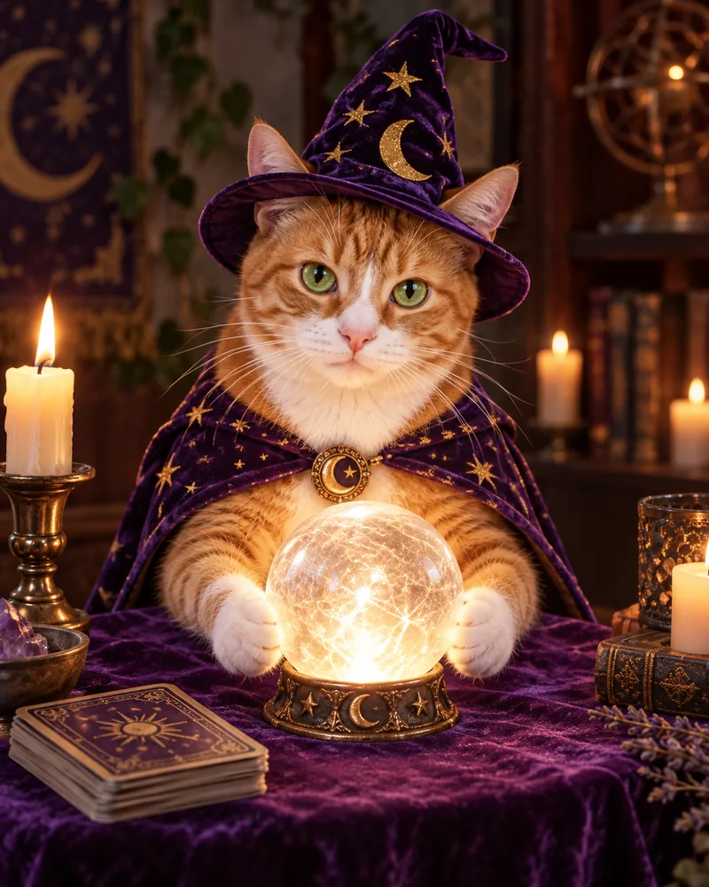 Miso the ginger tabby cat in a starry hat with its paws around a glowing crystal ball