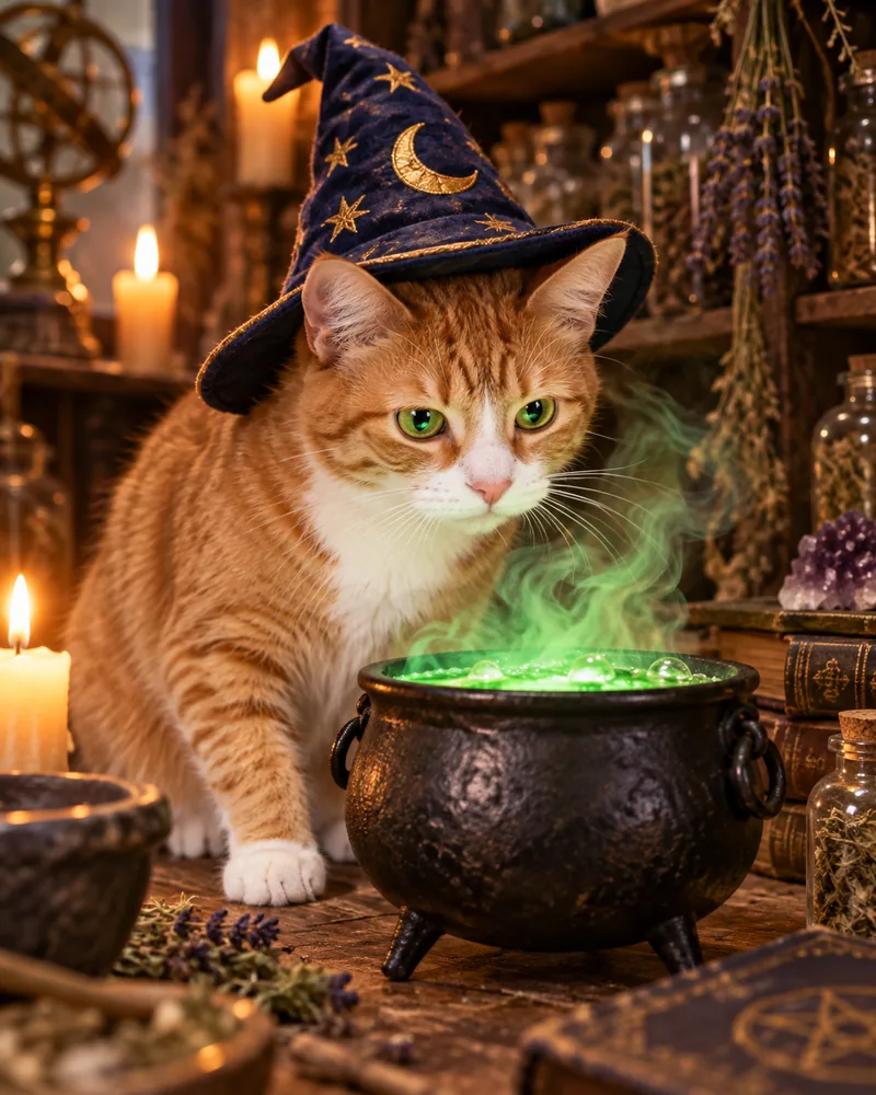 Miso the ginger tabby cat in a wizard hat peering into a cauldron of glowing green potion