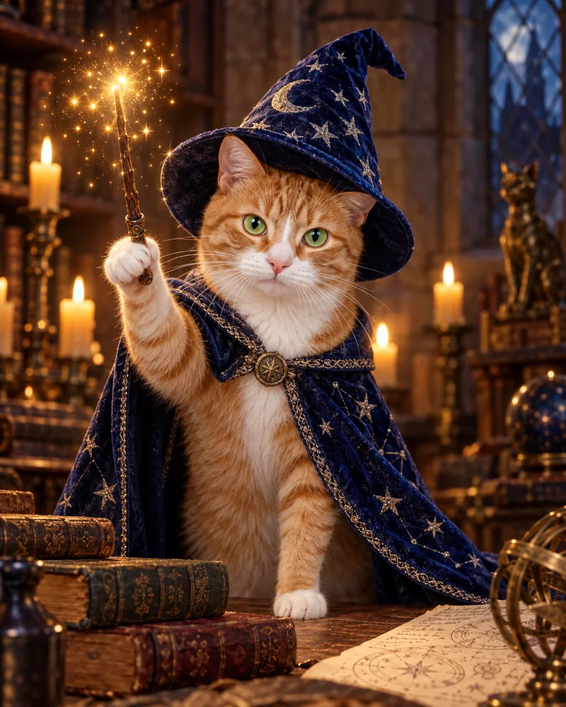 Miso the ginger tabby cat in a starry wizard hat beside a wand throwing golden sparks in a candlelit study