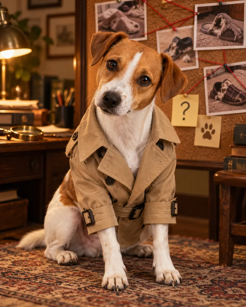Louie the Jack Russell in a trench coat in front of a cork board with pinned photos and red string