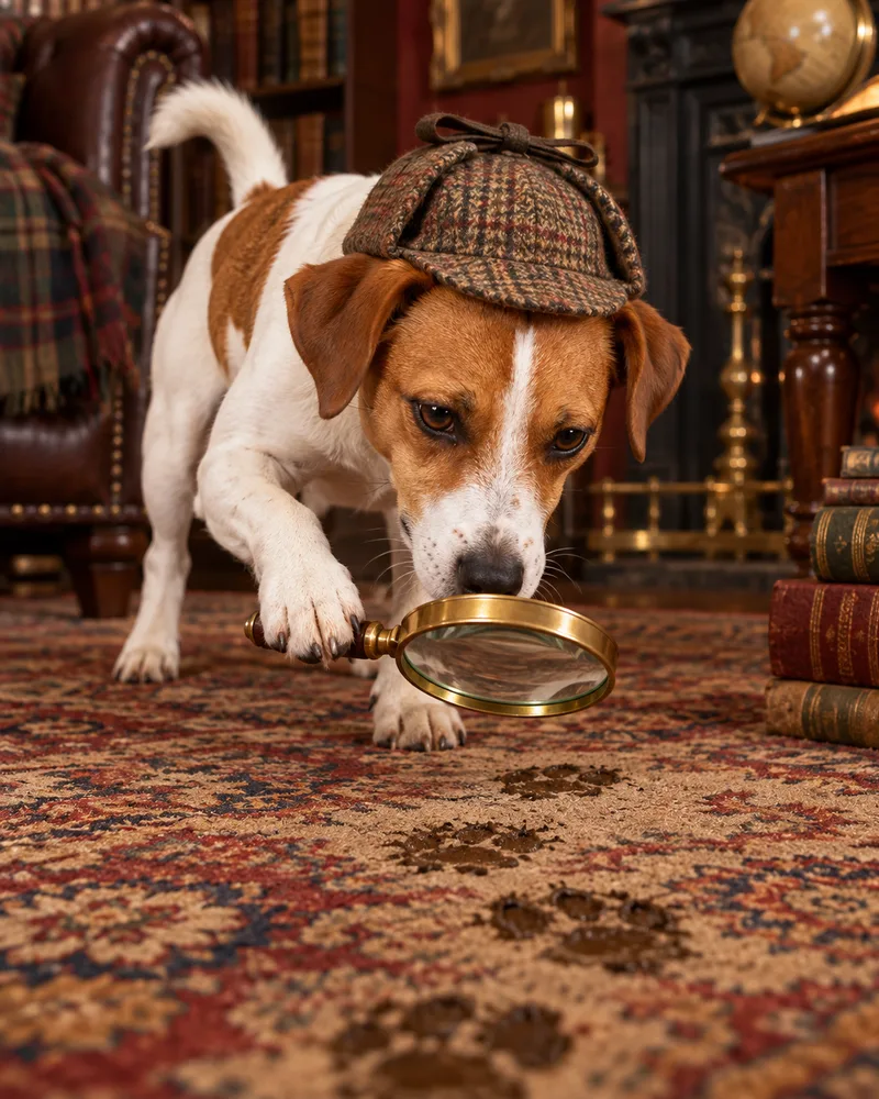 Louie the Jack Russell in a deerstalker hat studying muddy paw prints through a magnifying glass