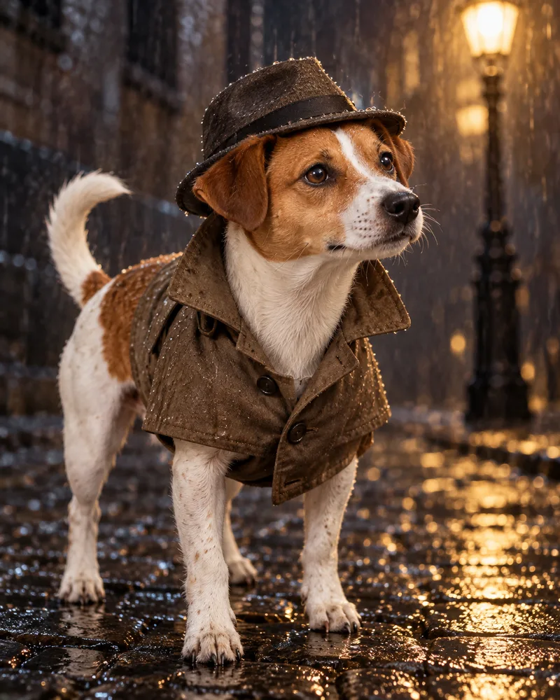 Louie the Jack Russell in a trench coat and fedora under a lamp post on a rainy street at night