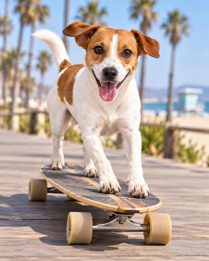 Louie the Jack Russell cruising on a longboard along a seaside boardwalk