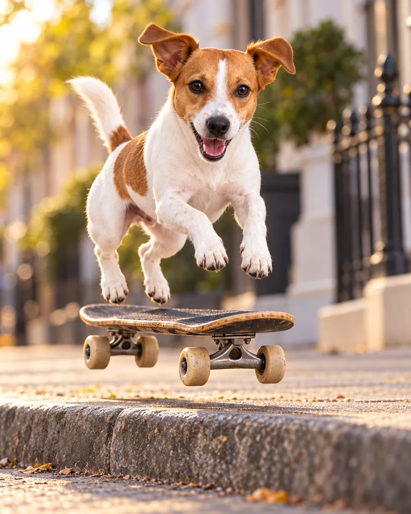 Louie the Jack Russell jumping a curb on a skateboard on a city street