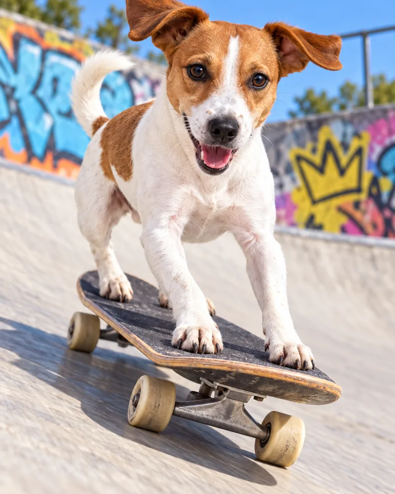 Louie the Jack Russell riding a skateboard down a ramp in a sunny skate park