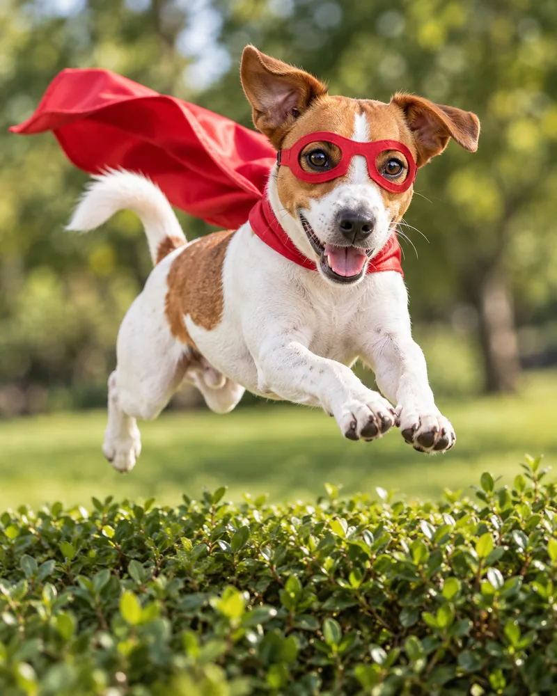 Louie the Jack Russell in a red cape leaping over a hedge in a park