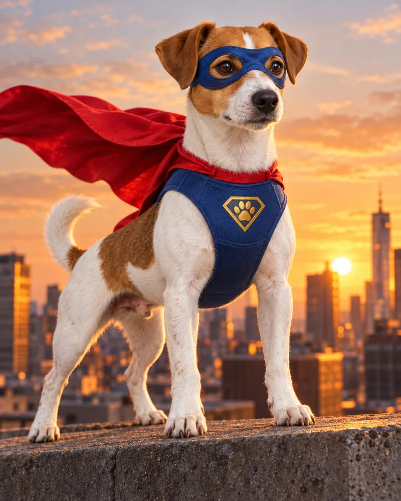 Louie the Jack Russell as a superhero in a blue suit and red cape on a city rooftop at sunset