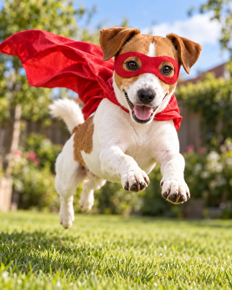 Louie the Jack Russell as a superhero in a red cape and eye mask in a sunny back garden