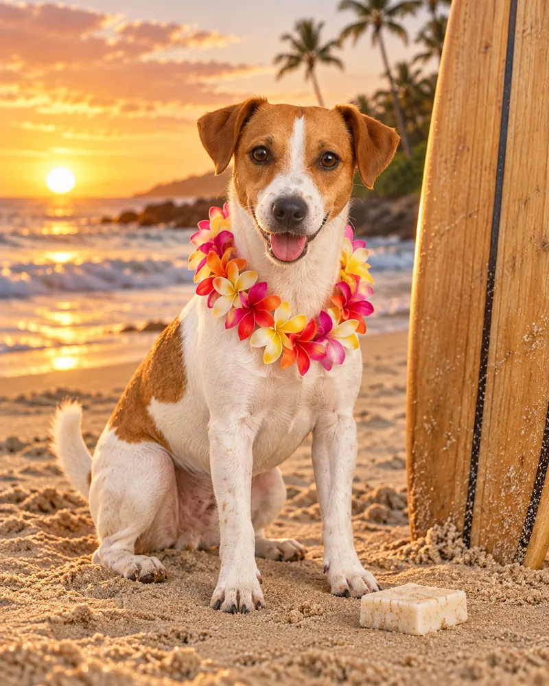 Louie the Jack Russell with a flower lei beside a wooden surfboard on a beach at sunset