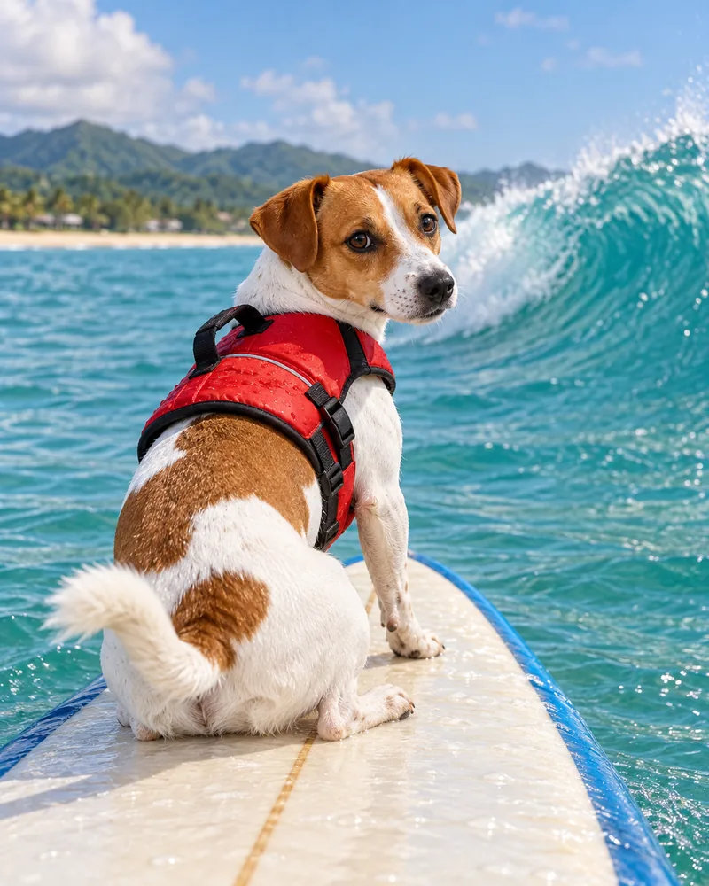 Louie the Jack Russell in a red life vest sitting on a surfboard, looking back at a wave