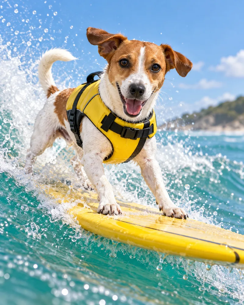 Louie the Jack Russell in a yellow life vest riding a surfboard on a turquoise wave