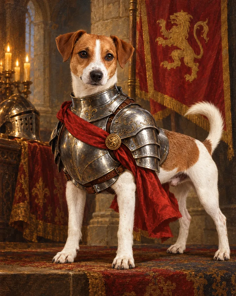 Renaissance oil painting of Louie the Jack Russell as a knight in silver armour beside a banner