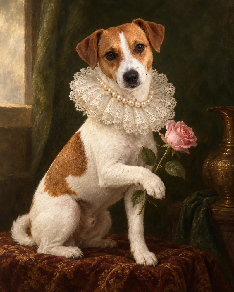 Oil painting of Louie the Jack Russell in a lace ruff and pearl necklace holding a pink rose