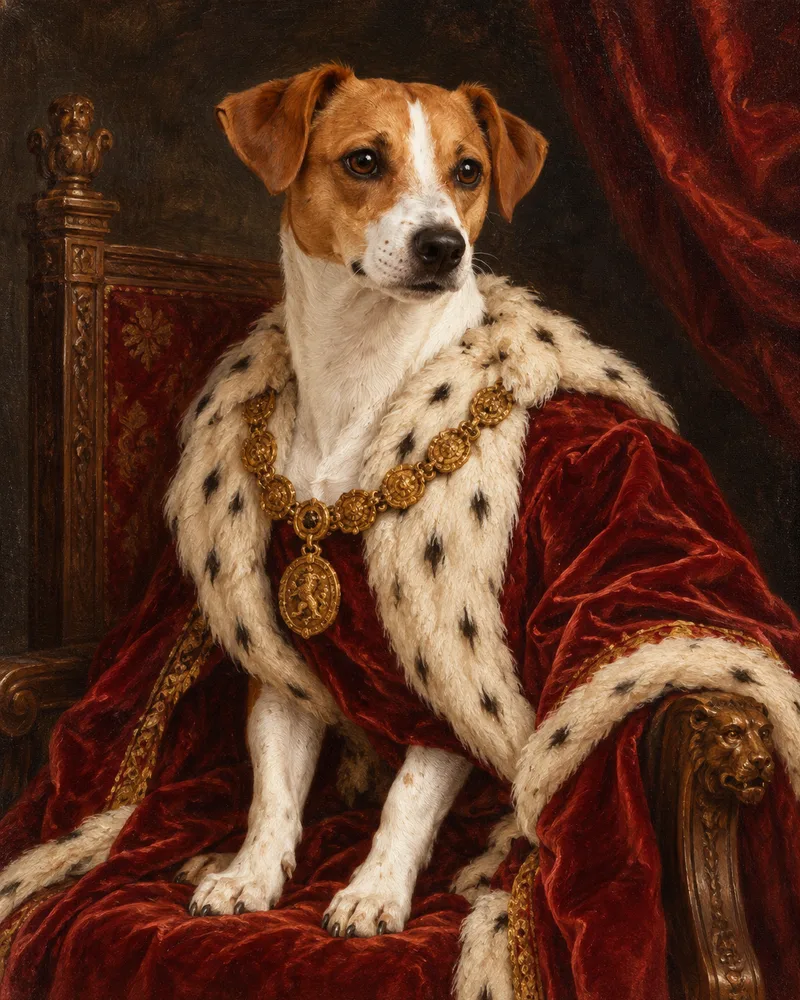 Renaissance oil painting of Louie the Jack Russell as a noble in a red velvet robe with an ermine collar and gold chain